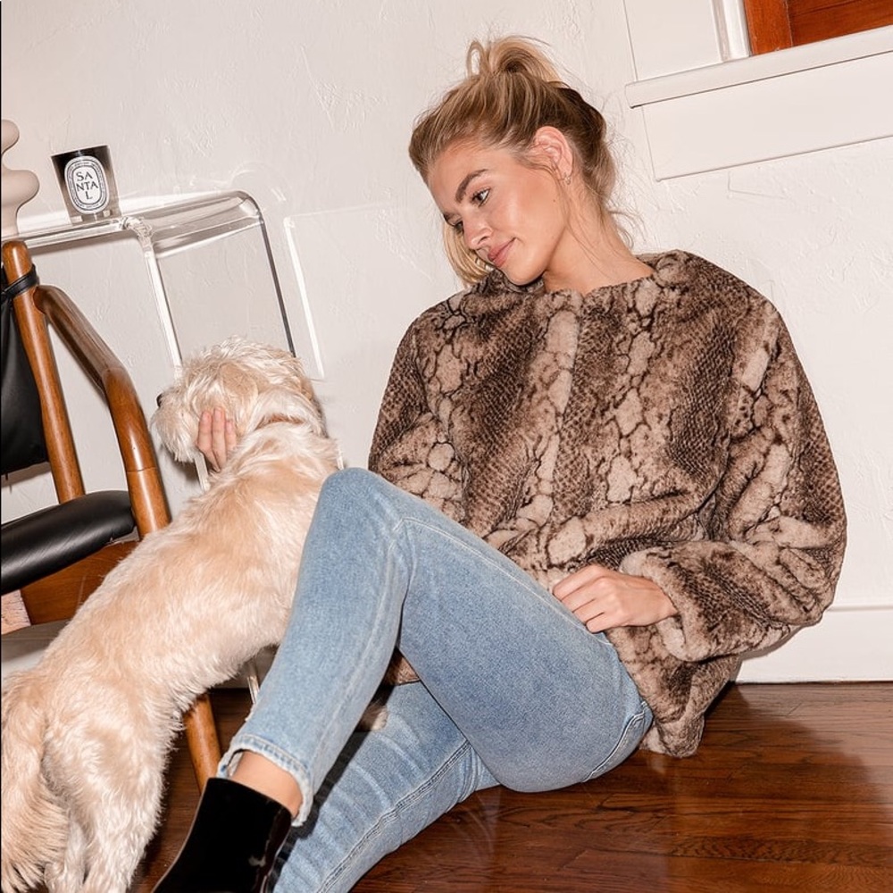 Lulu’s Beige Snake Print Faux Fur Coat